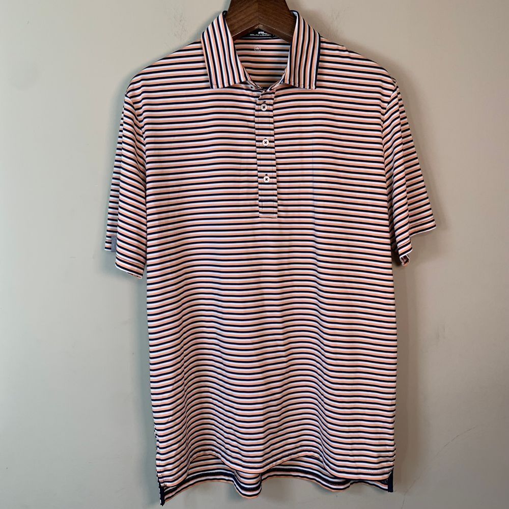 RLX Ralph Lauren Golf Polo Wicking Navy/Peach/White Stripe Large